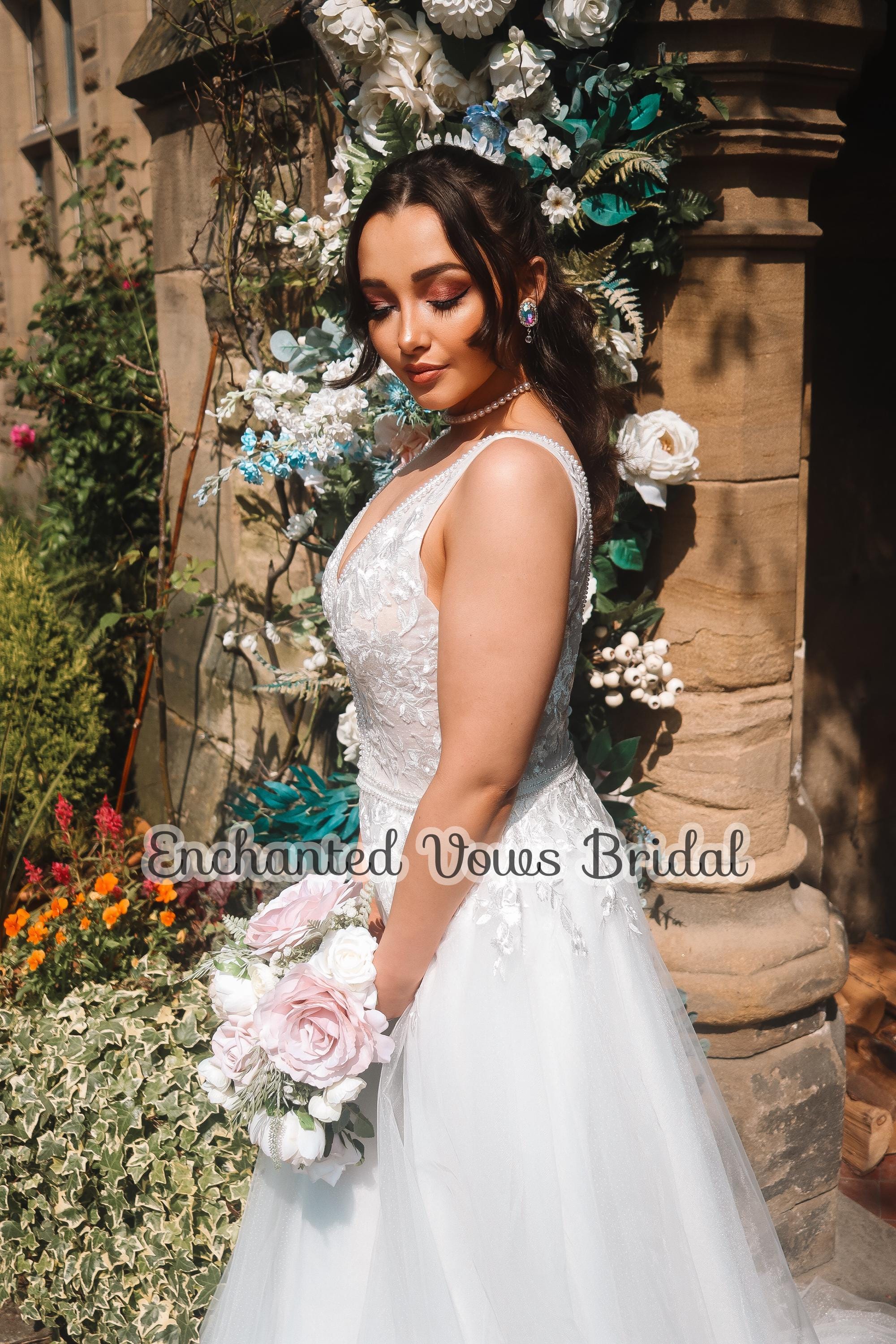 Lace Applique Tulle Wedding Dress: Plunge Neckline, Beach Bridal