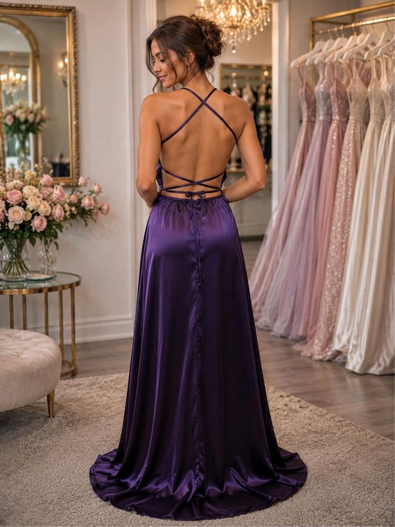 Purple Satin Prom Dress With Pockets, Backless Evening Gown, Lace up Formal Dress, Bridesmaid Dress, Satin Maxi Dress With Split