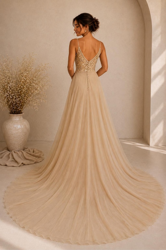 chiffon champagne wedding dress Nude Champagne Wedding Dress with Sleeves