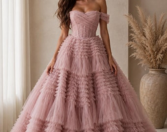 Blush Pink Tulle Formal Dress, Ruffle Tiered Gown, Corset Evening Dress, Princess Prom Dress, Fairytale Maxi Dress