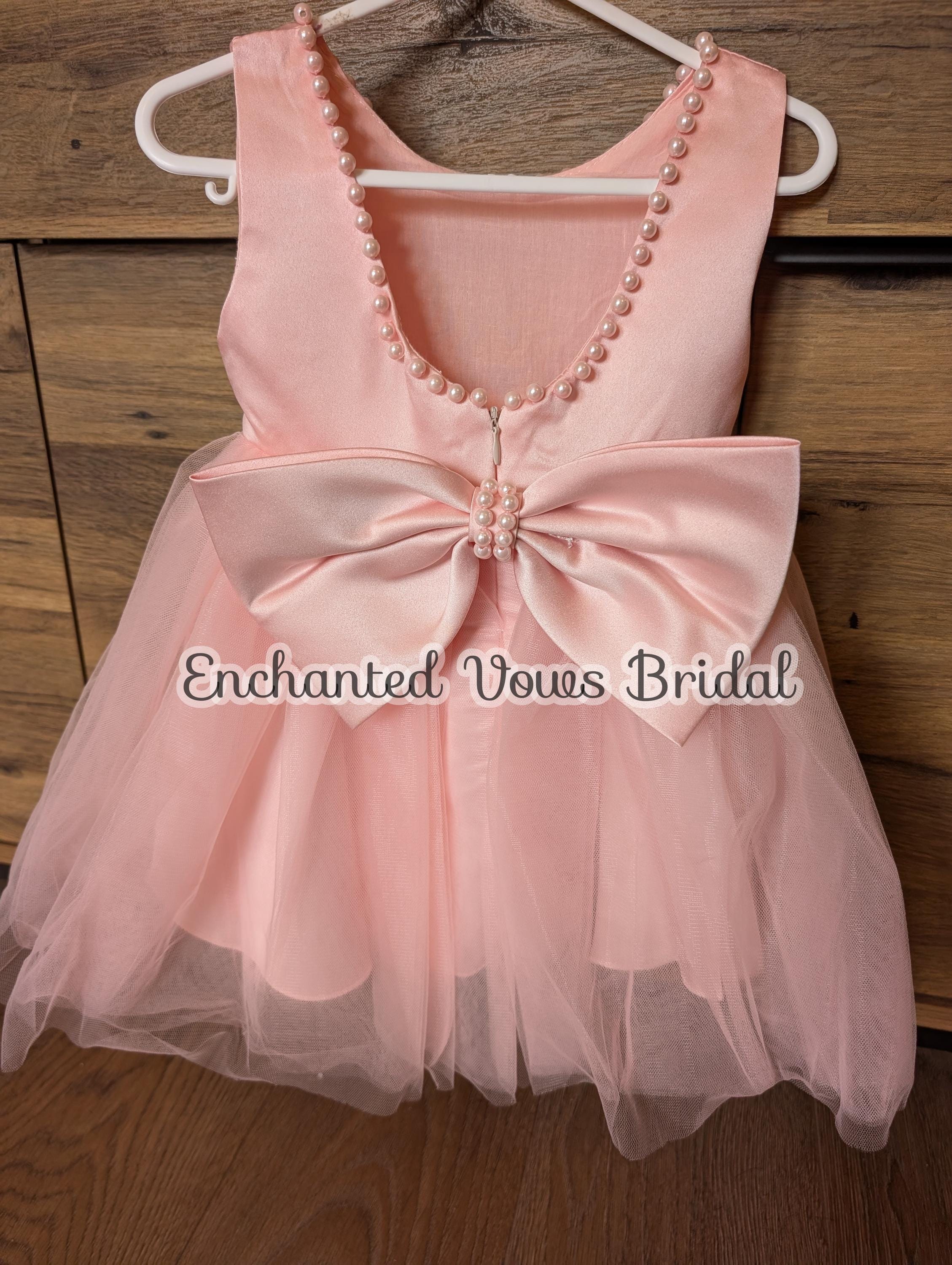 Peach Satin Flower Girl Dress: Pearl Bow Tulle Skirt - Etsy
