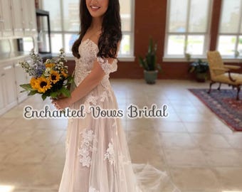 Champagne Lace Wedding Dress, Beach Bridal Gown