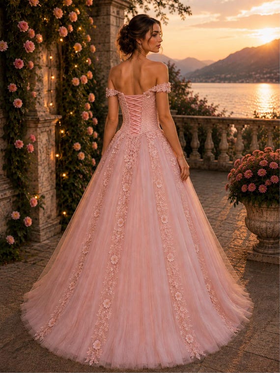 light pink corset prom dress Off the Shoulder Light Pink Corset Tiered Long Prom Dress  FancyVestido