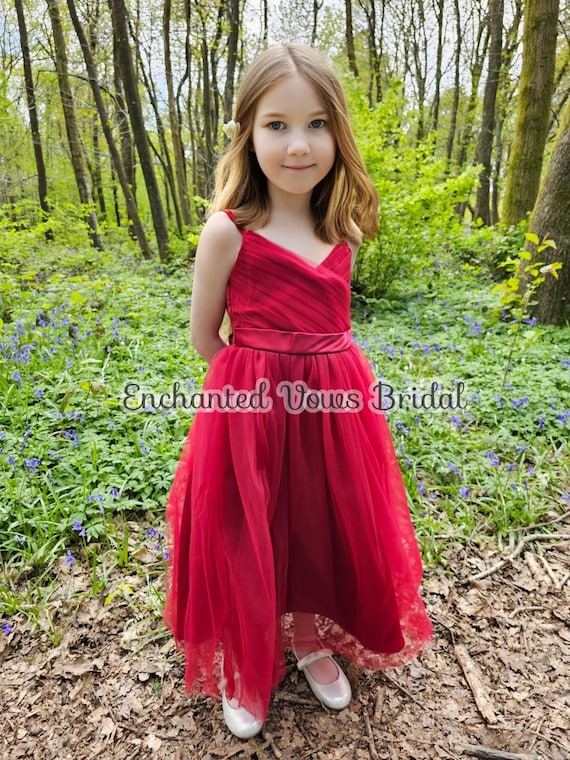 open lace back dress Flower Girl Dress Long Sleeve Rust Tulle Junior Bridesmaid Dress – Lisa  Ann's Creations main image 1