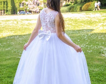 White Lace Flower Girl Dress, Communion Dress for Girls, Princess Tulle Wedding Dress, Holy Communion Dress, Girls Occasion Dress