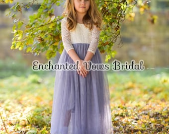 Abito da damigella in tulle (vari colori), abito da damigella a maniche lunghe, abito in pizzo boho