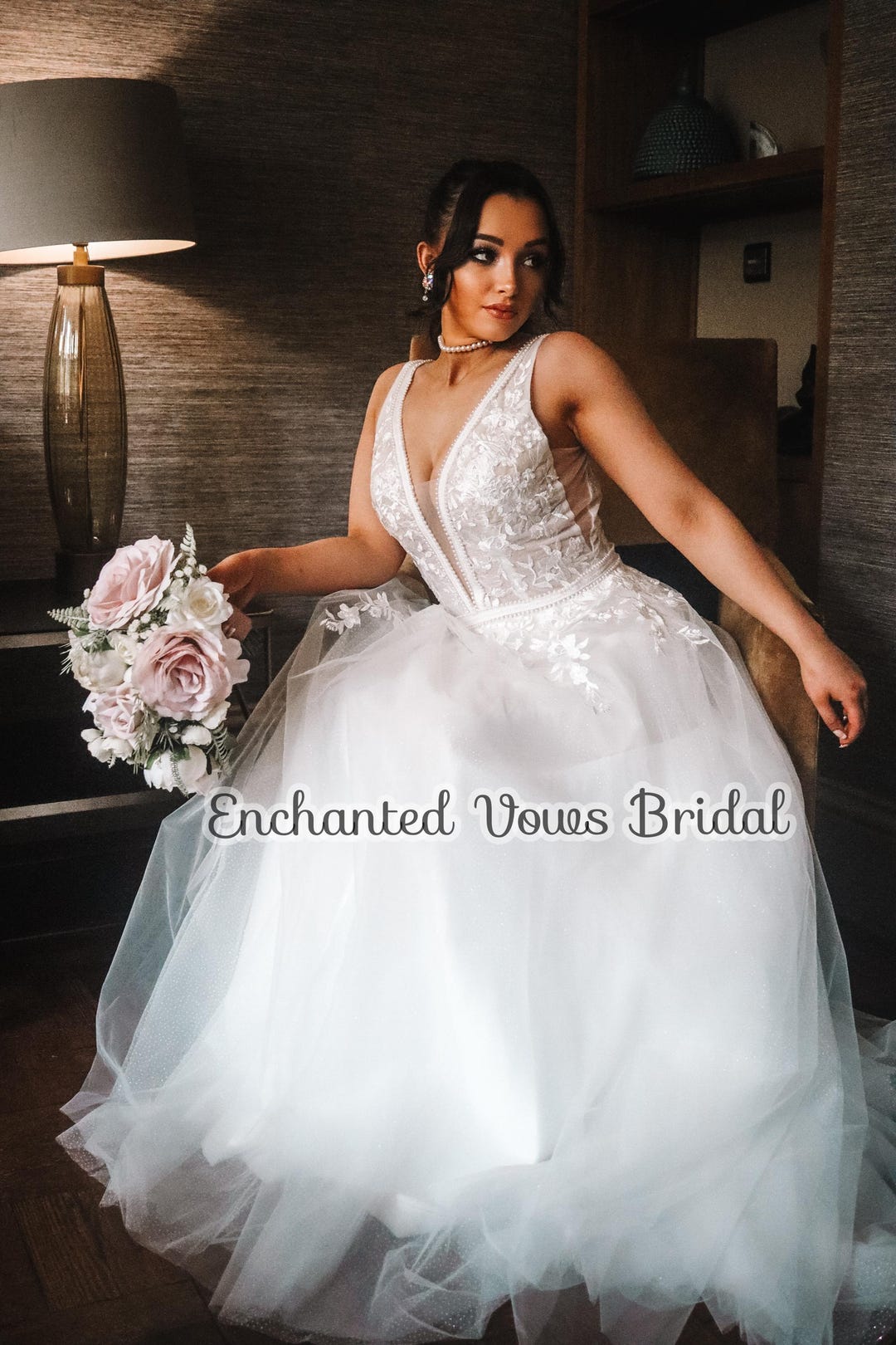 Lace Applique Tulle Wedding Dress: Plunge Neckline, Beach Bridal