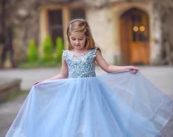 Blue Princess Flower Girl Dress, Fairytale Dress for Girls, Birthday Dress, Pageant Dress