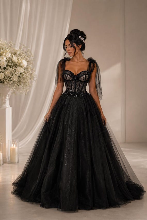 alternative wedding dresses black Black Gothic Wedding Dress, Alternative Bridal Gown, Black Tulle Wedding Dress, Corset Bridal Dress, Dark Romance Wedding Gown, Gothic Bride