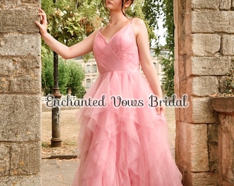 Enchanting Pink Tulle Princess Prom Dress, V-Neck Fairytale Gown