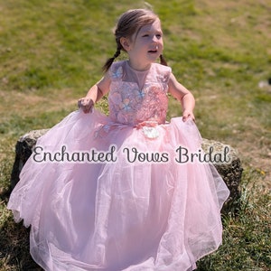 Peach Butterfly Dress with Train- Flower Girl Dress, Bridesmaid Dress - Wedding, Birthday Dress - Tulle Dress