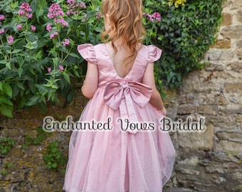 Pink Flower Girl Dress, Pearl Tulle Dress,