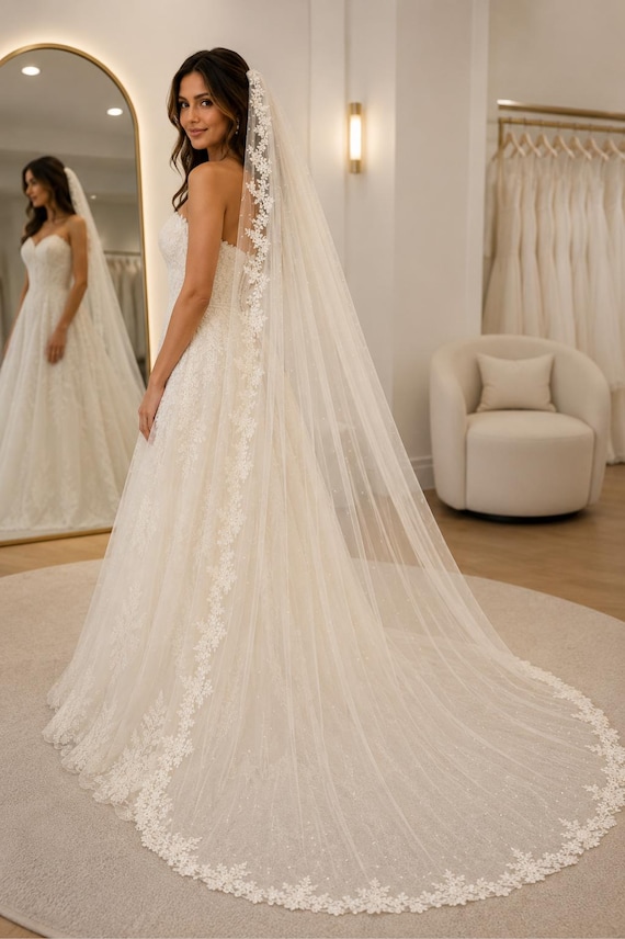 ivory wedding dress accessories Pearl Lace Veil, Cathedral Bridal Veil, Floral Lace Edge Veil, Long Ivory Wedding Veil, Romantic Bridal YGroup_DN5D9004C