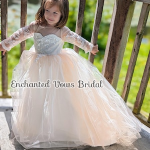 Princess Flower Girl Dress, Dress With Train, Baby Flower Girl Dress, Champagne Flower Girl,Junior Bridesmaid Dress, Tulle Dress, Lace Dress