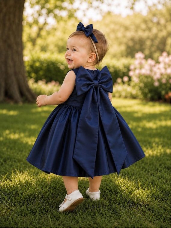 blue dress with big bow Navy Girls Satin Dress, Flower Girl Occasion Dress, Baby Toddler Princess Party Dress, Removable Back Wedding Formal up back provides a thanksgiving-collection sexy red birthday dresses Color:WHITE/HOT PINK