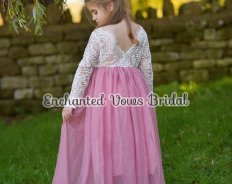 Vestido de daminha de honra em tule rosa-claro, vestido boho de renda com mangas compridas
