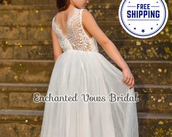 Off White Lace Flower Girl Dress: V Back Tulle Tutu