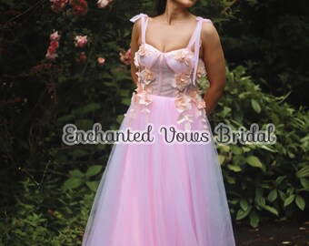Dusky Pink Tulle Floral Prom Dress, Fairytale Gown