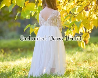 Ivory Tulle Flower Girl Dress, Long Sleeved Lace Communion Dress