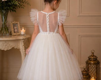 Vestido de festa infantil cor marfim, vestido de princesa para daminha de honra, vestido de tule com botões de pérola nas costas, vestido para ocasiões especiais com mangas esvoaçantes.