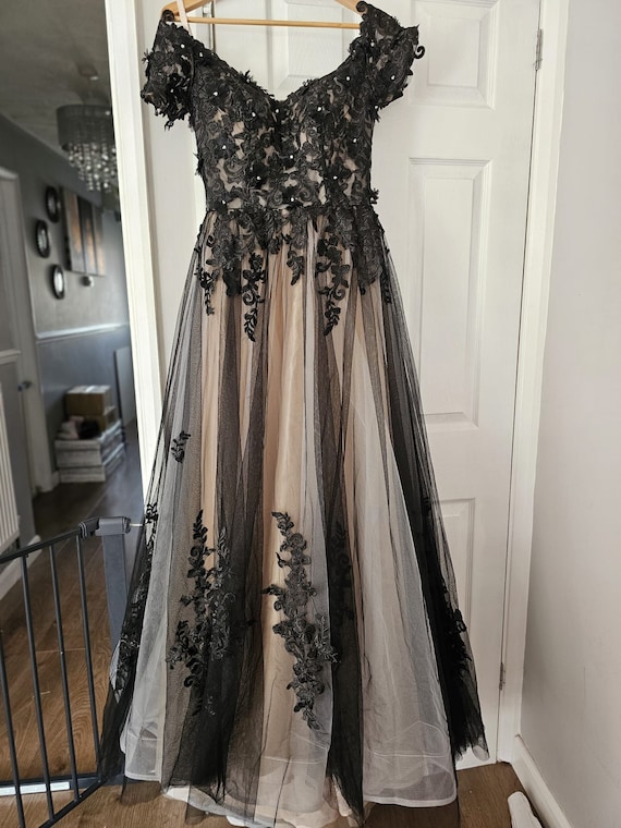 chinese dress ladies A-Line Deep V-Neck Sweep Train Black Tulle Prom Dress PSK098 US4 / Black