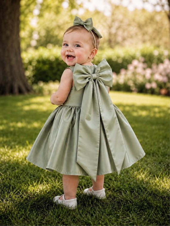 olive green birthday dress Green Flower Girl Dress Puffy Sleeves for Wedding Birthday Party D107 Green / child-12