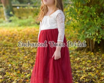 Red Tulle Flower Girl Dress, Long Sleeve Lace Boho Dress