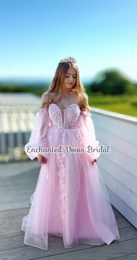 open lace back dress Pink Strapless Princess Tulle Layers Ruffles Long Prom Dress, Pink For main image 0