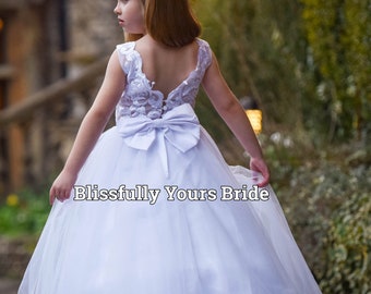 White Princess Flower Girl Dress With Train- Bridesmaid Dress - Wedding, Bridesmaid, Communion Dress