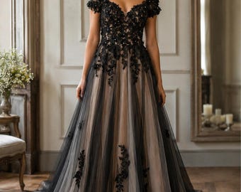 Black Tulle Bridal Dress with Train, Lace Bridal Gown, Gothic Prom Dress, Black Wedding Dress