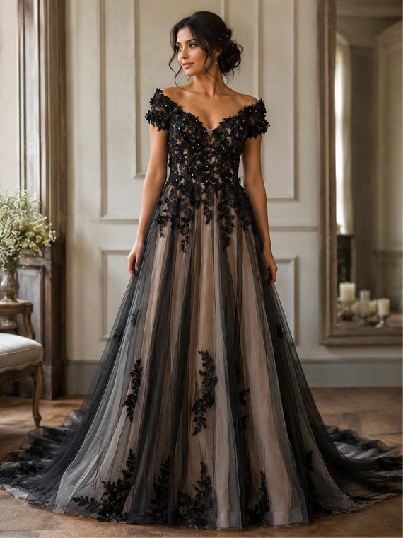 long black lace dress with train V Neck Long Sleeve Chapel Train Black Lace Wedding Dress