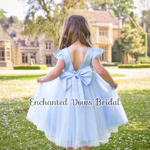 Blue Flower Girl Dress, Satin Dress, Birthday Dress, Pageant Dress, Pearl Dress, Baby Dress, Party Girl Dress, Girls Tulle Dress