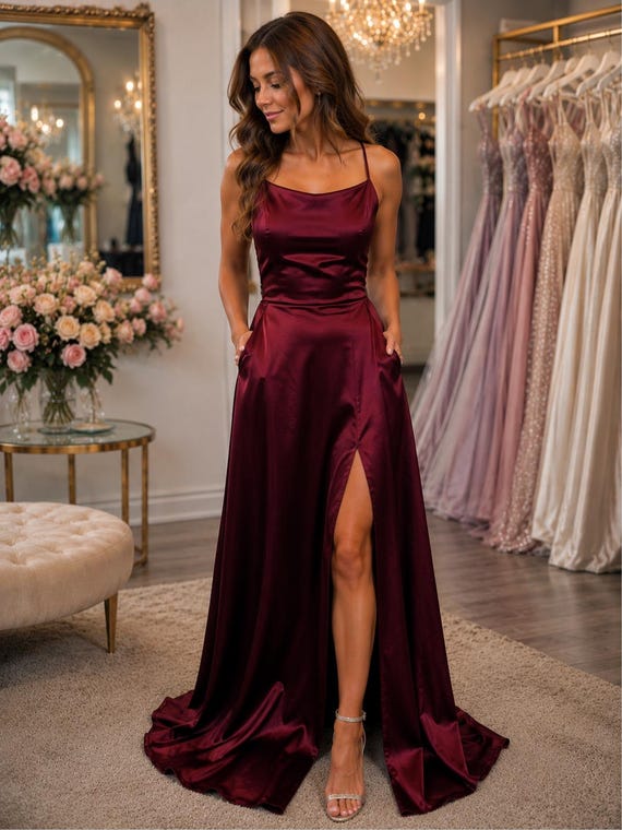dresses with pockets formal Wine Red Satin Prom Dress Pockets, Backless Evening Gown, Lace up Dress, Bridesmaid Dress, Satin Maxi Dress With Split Line Prom Dress with