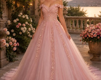Vestido de baile rosa blush estilo princesa, vestido de baile de conto de fadas, vestido com corpete e apliques florais, vestido de noite romântico rosa, vestido para cosplay de princesa
