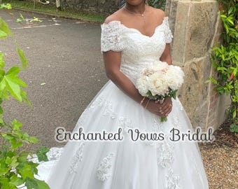 Off The Shoulder Lace Princess Wedding Gown with Floral Appliques, Corset Back, Train Custom Colors Available