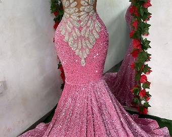 slim fit dress slacks Pink Iridescent Sequin Lace-Up Mermaid Long Prom Dress – Dreamdressy