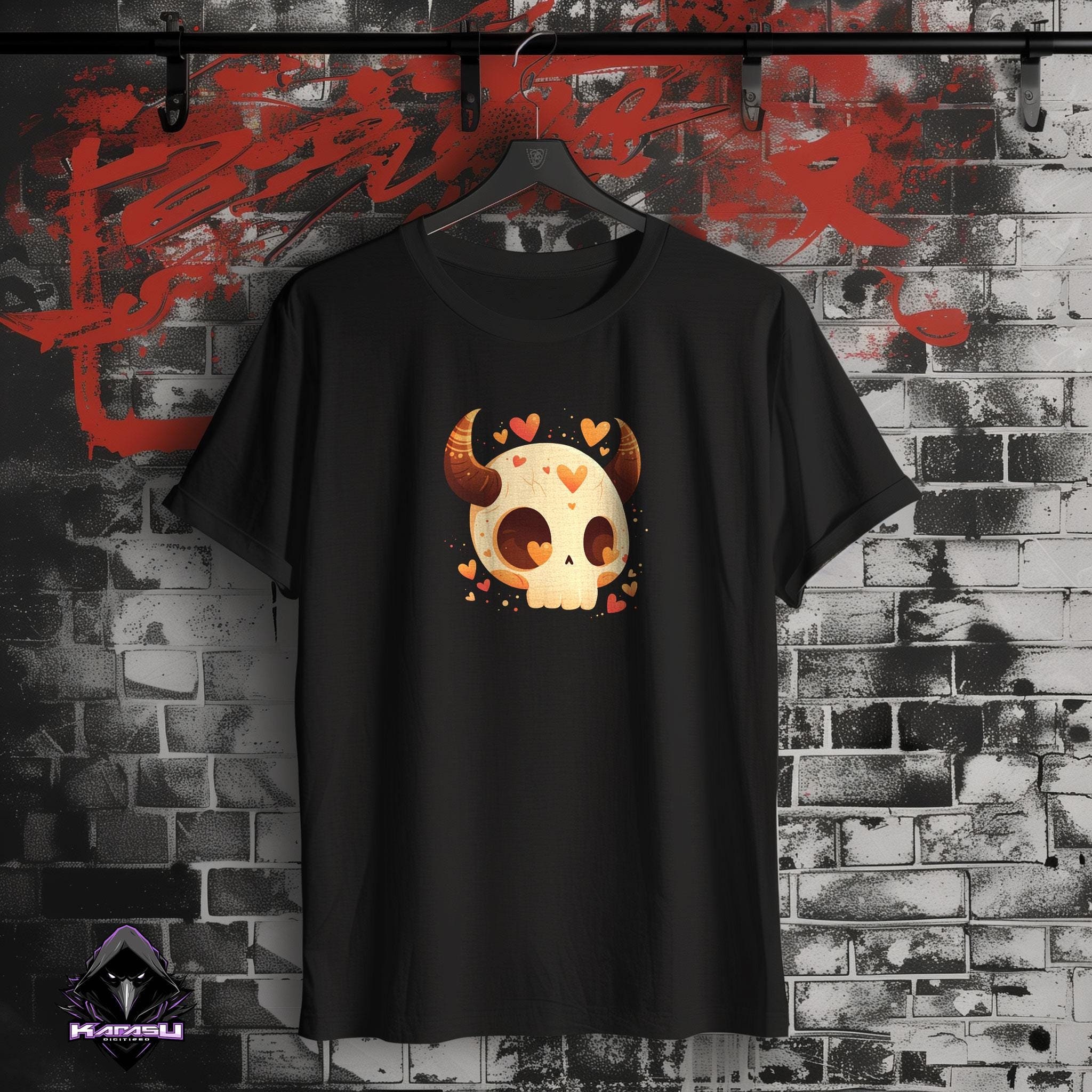 Cute Demon Skull T-shirt, skull t-shirt, cute skull, Demon skull, lofi t-shirt, casual wear, cute skull tee, hearts, pastel colors skull tee