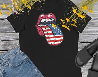 Proud Patriotic Women Shirt Tongue Lips American Shirt Flag 4th of July Shirt Patriotic Lips Shirt, American Flag Lips Shirt