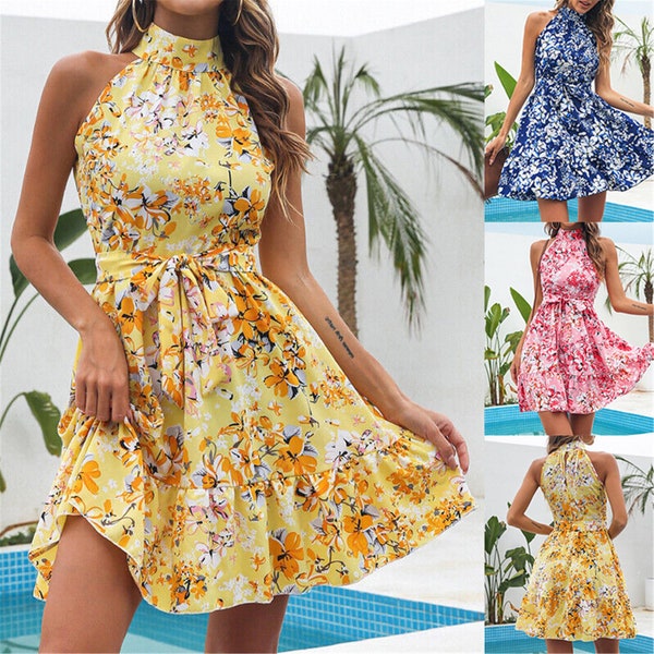 Women Dress Chic Halterneck Floral : Embrace Summer Style with Lace-up Ruffles