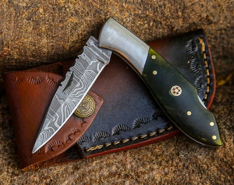 Handmade Damascus pocket folding knife with back lock and leather cover , Best gift for Anniversary, weeding, Camping, Hunting and halloween