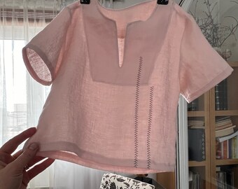 Handmade minimalist style children's linen blouse with embroidery