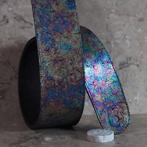 Oil Slick Rainbow Glitz on Black Leather Guitar Strap