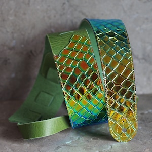 Holographic Embossed Croc on Green Leather Guitar Strap