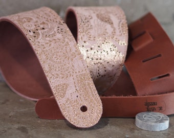 Rose Gold Paisley Print on Pink Leather Guitar Strap