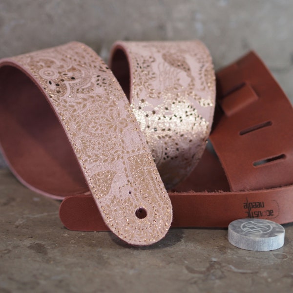 Rose Gold Paisley Print on Pink Leather Guitar Strap