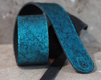 Blue Crackle on Black over Black Leather Guitar Strap