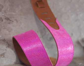 Pink Sparkle over Nutty Brown Leather Guitar Strap