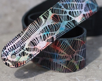 Rainbow Web over Black Leather Guitar Strap