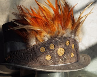 Rust Feather and Patterned and Fish Leather Hat Band