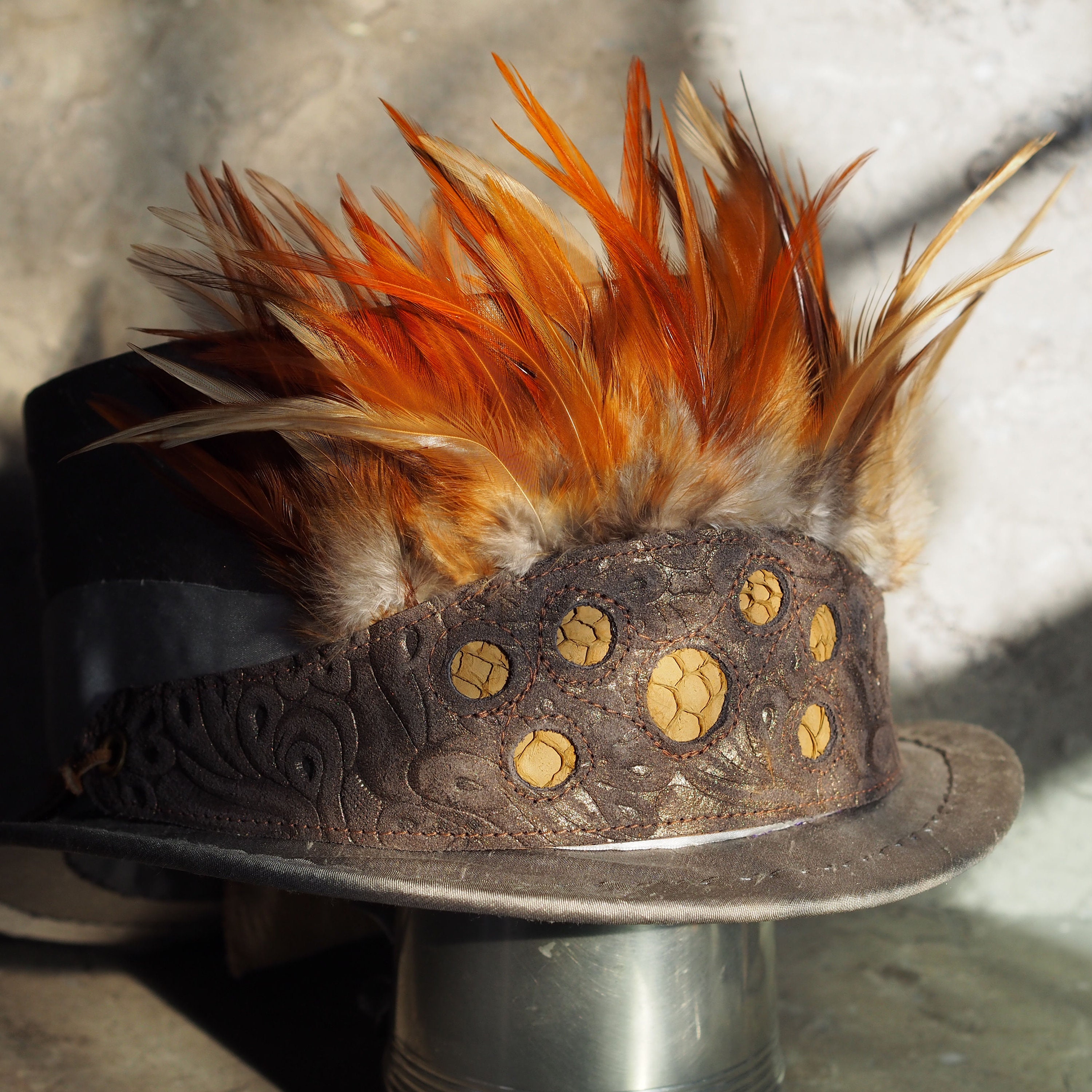 Rust Feather and Patterned and Fish Leather Hat Band Etsy